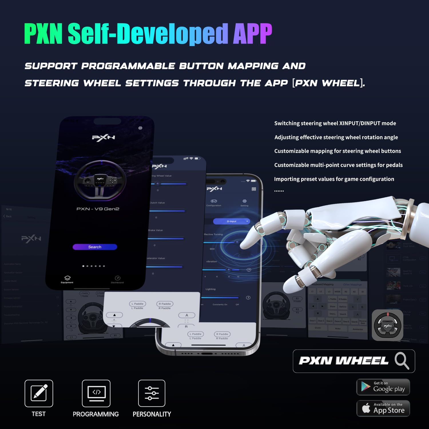 PXN V9 Gen2 volant 270°/900° + pédales + levier PC Xbox PS4