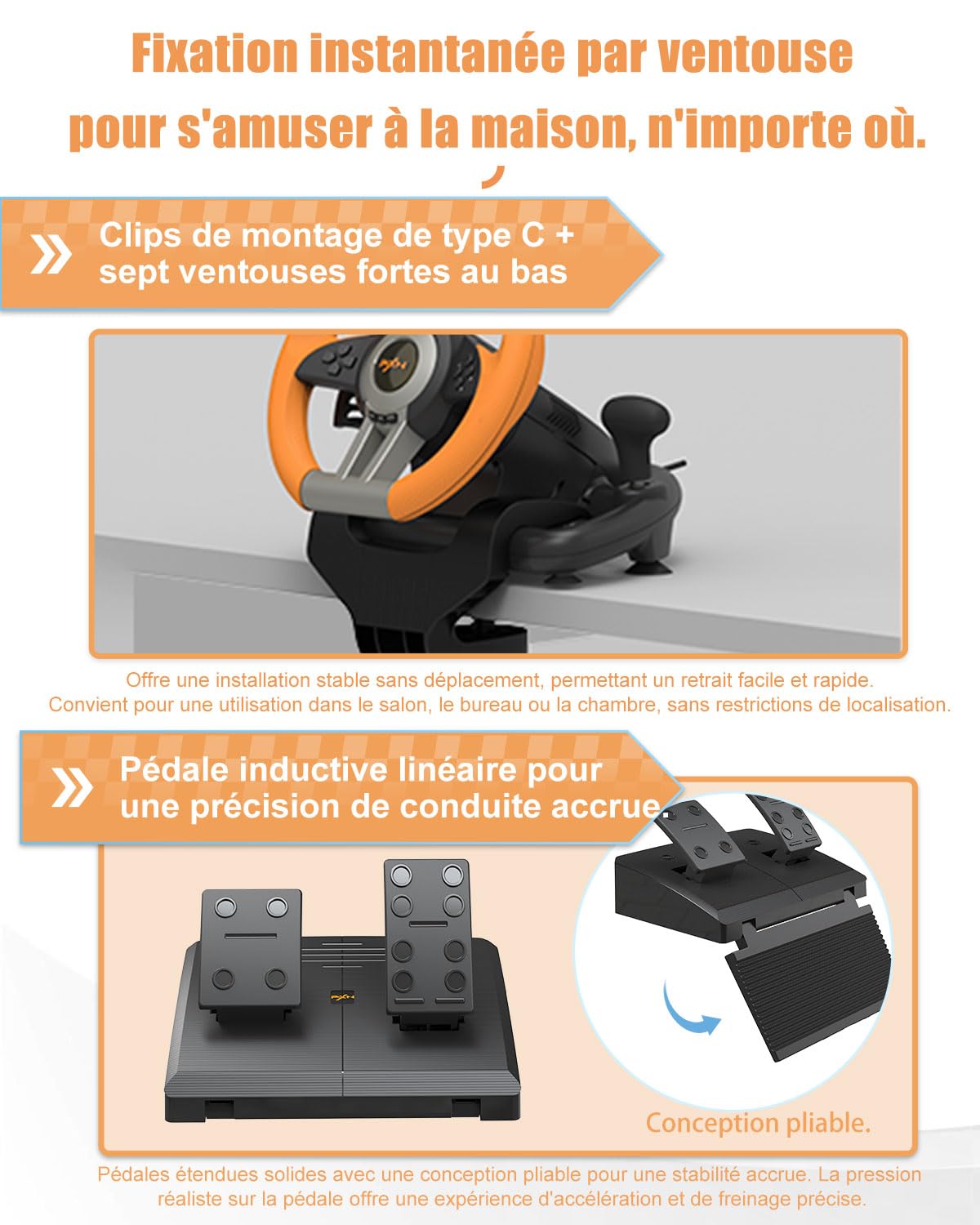 PXN V3 Pro volant gaming 180° avec pédales vibration
