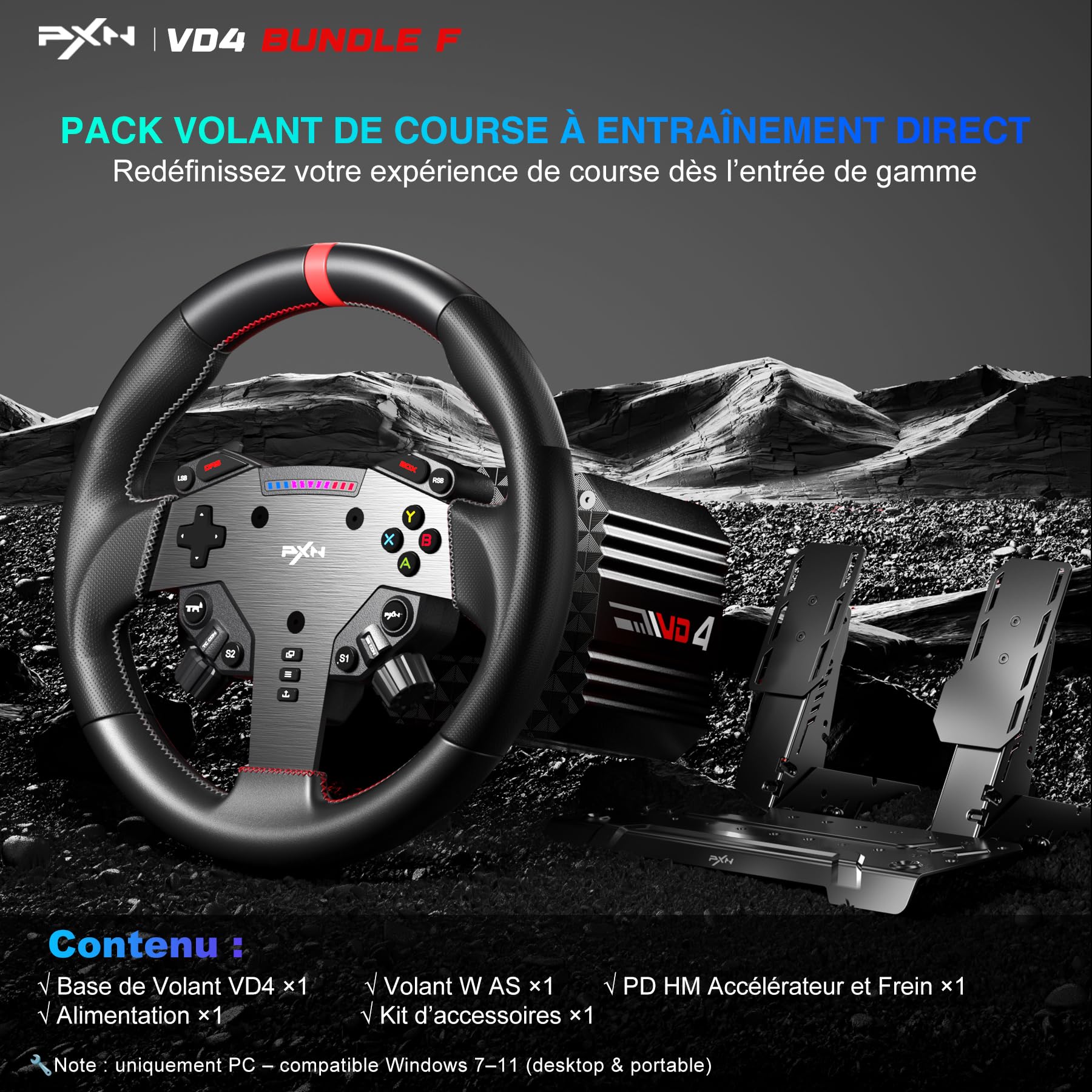 PXN VD4 Volant Direct Drive 4Nm PC Pack Base + Pédalier Hall 28cm