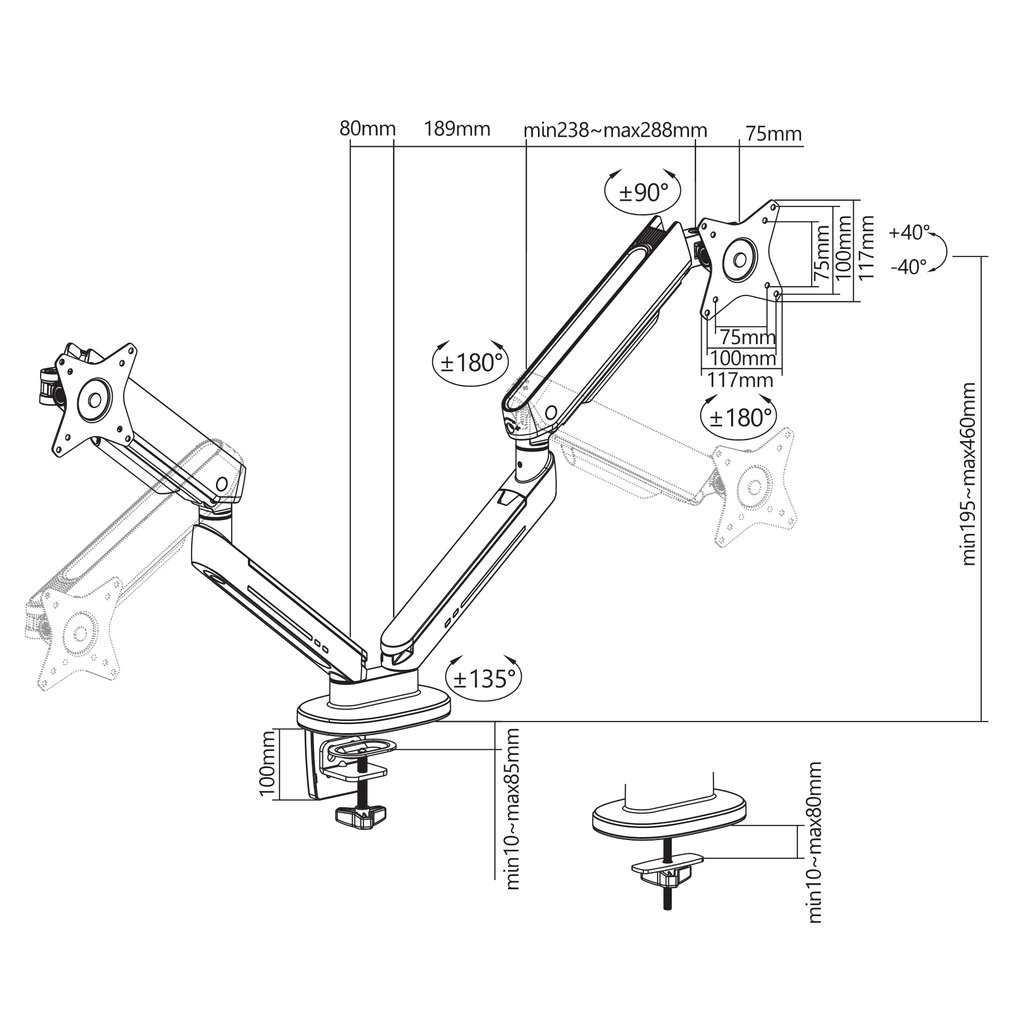 OPLITE MT10 Bras Double Écran 32 Pouces VESA Ressort