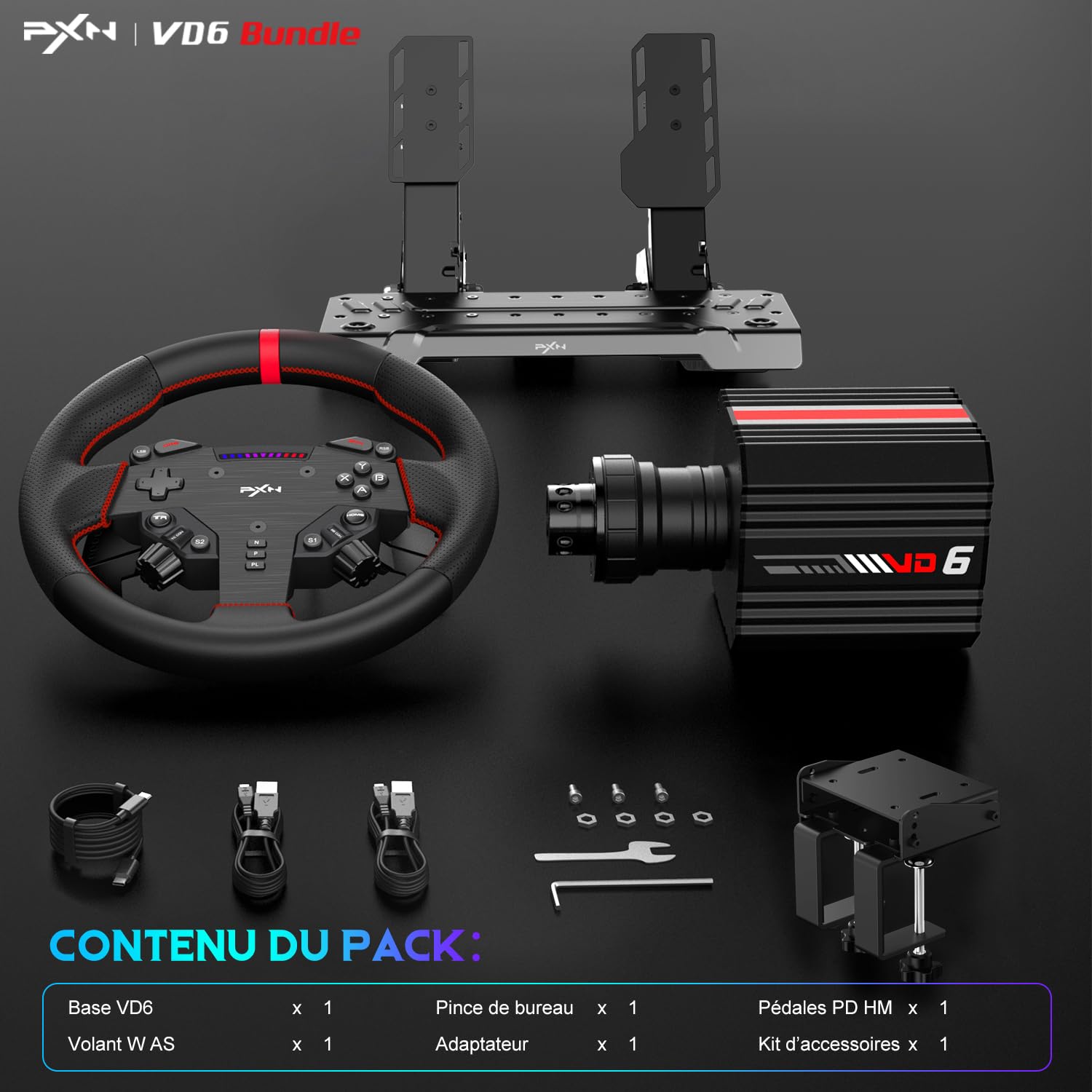 PXN VD6 volant direct drive 6 Nm PC ensemble complet