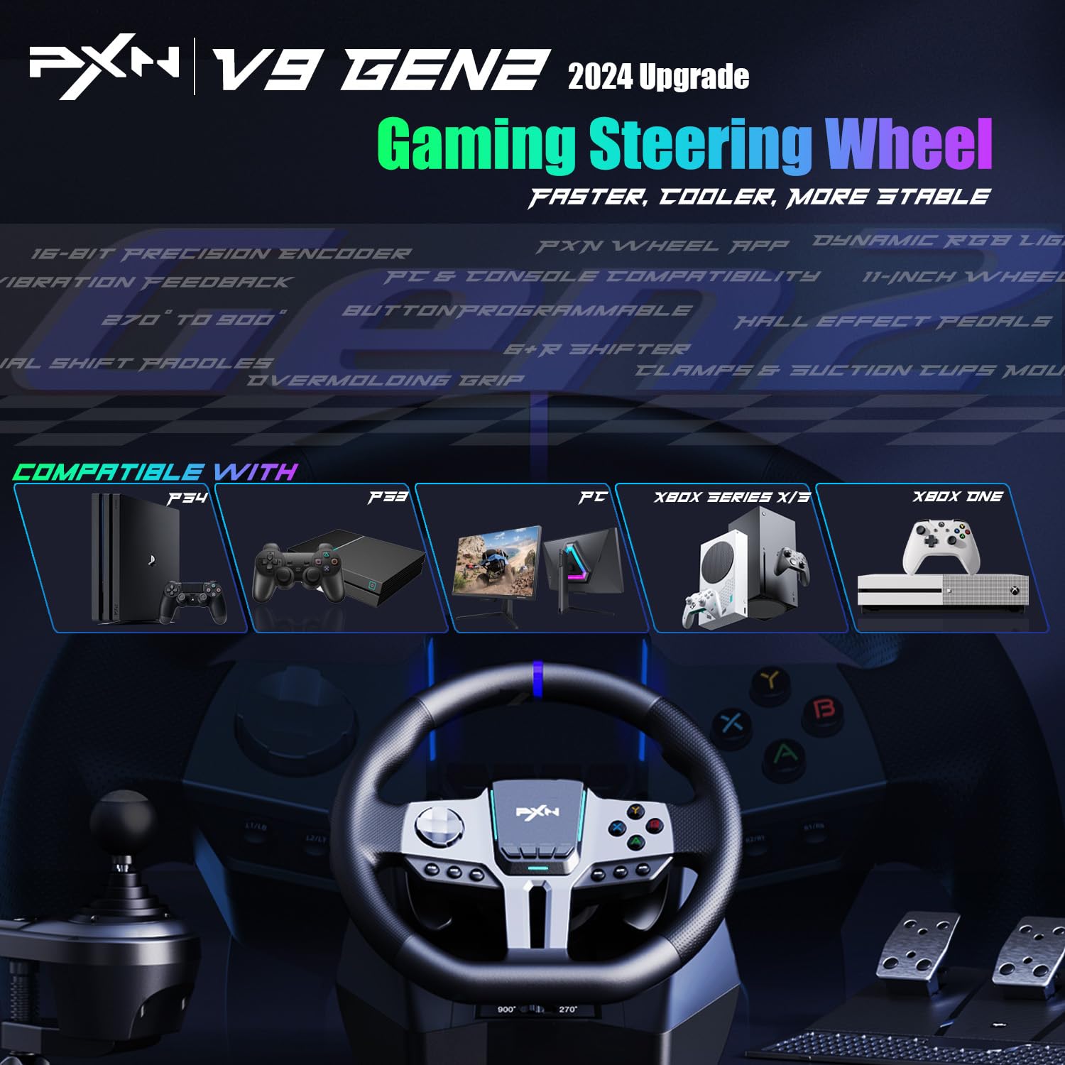 PXN V9 Gen2 volant 270°/900° + pédales + levier PC Xbox PS4