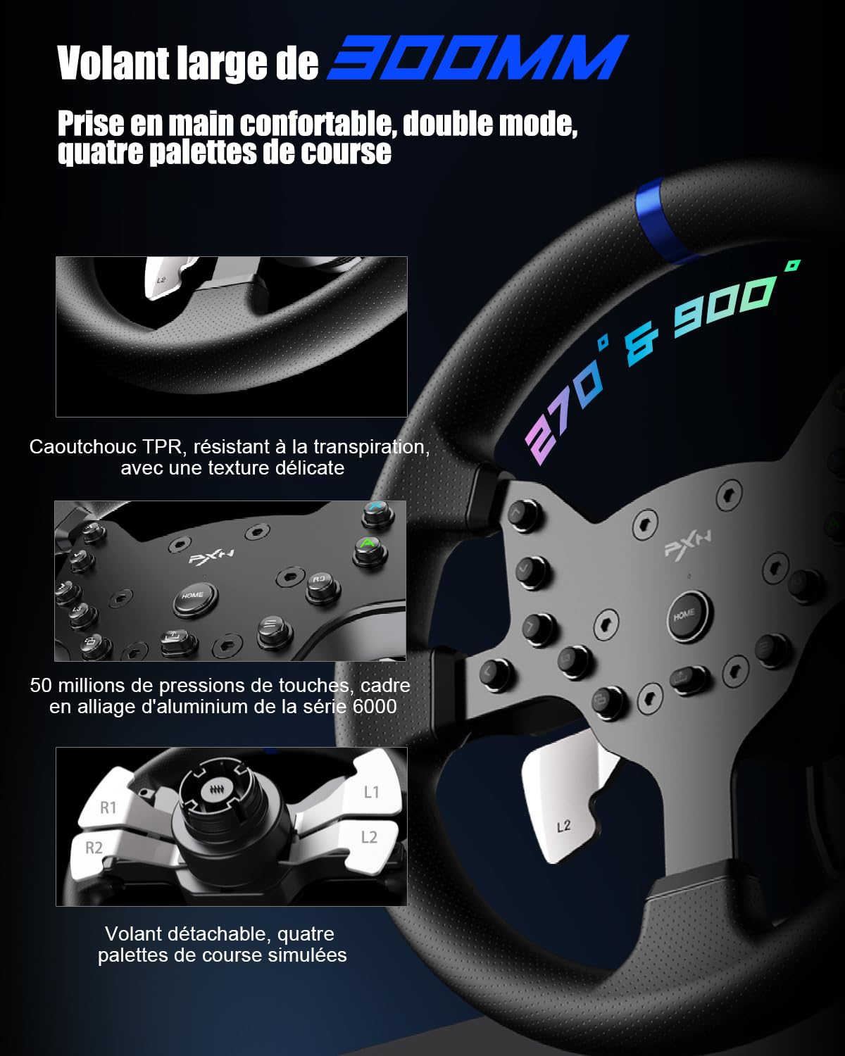 PXN V99 Volant PC Xbox PS4 300mm + 3 pédales + levier H