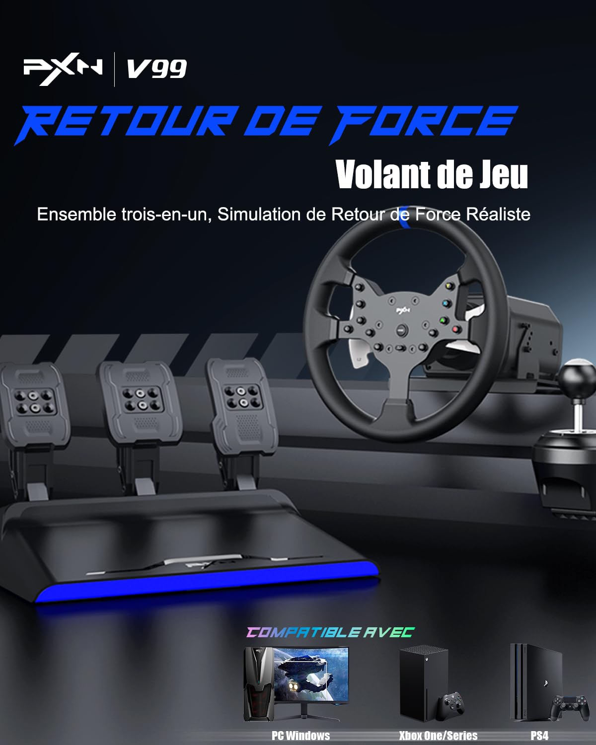 PXN V99 Volant PC Xbox PS4 300mm + 3 pédales + levier H