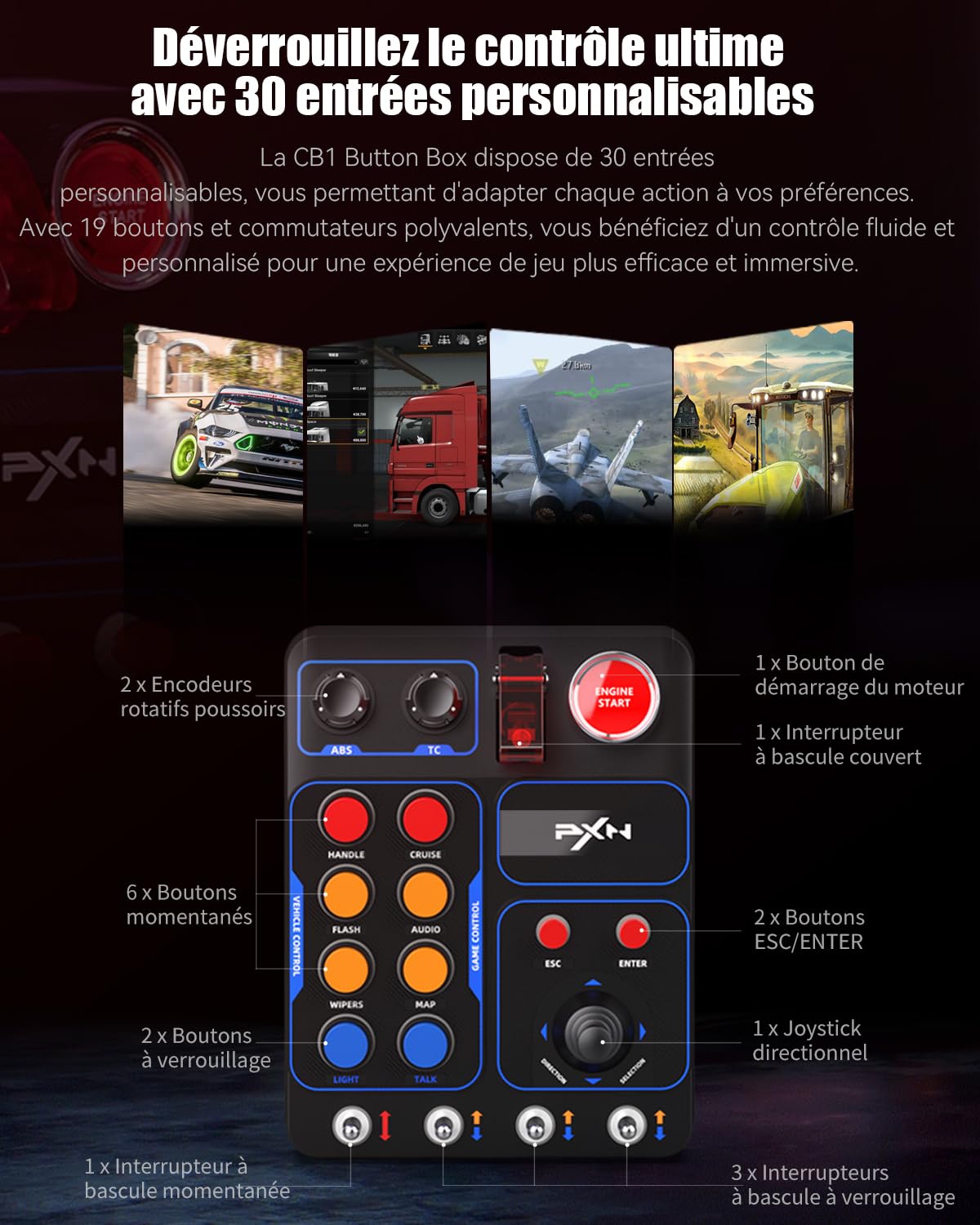 PXN CB1 Button Box PC 19 Boutons RGB USB Camion Course
